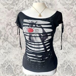 Black Looney Tunes Sylvester Cut-Out Grunge Y2K Women’s Small Rhinestone Tee